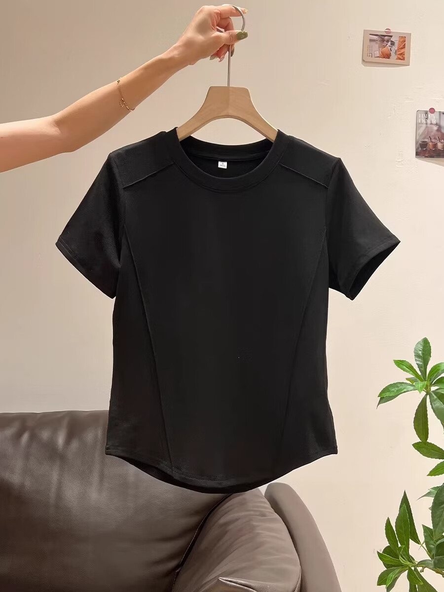 Shuangxing Women's Short Sleeve T-Shirt Summer Round Neck Irregular Hem Slim Fit Inner Wear White L 8