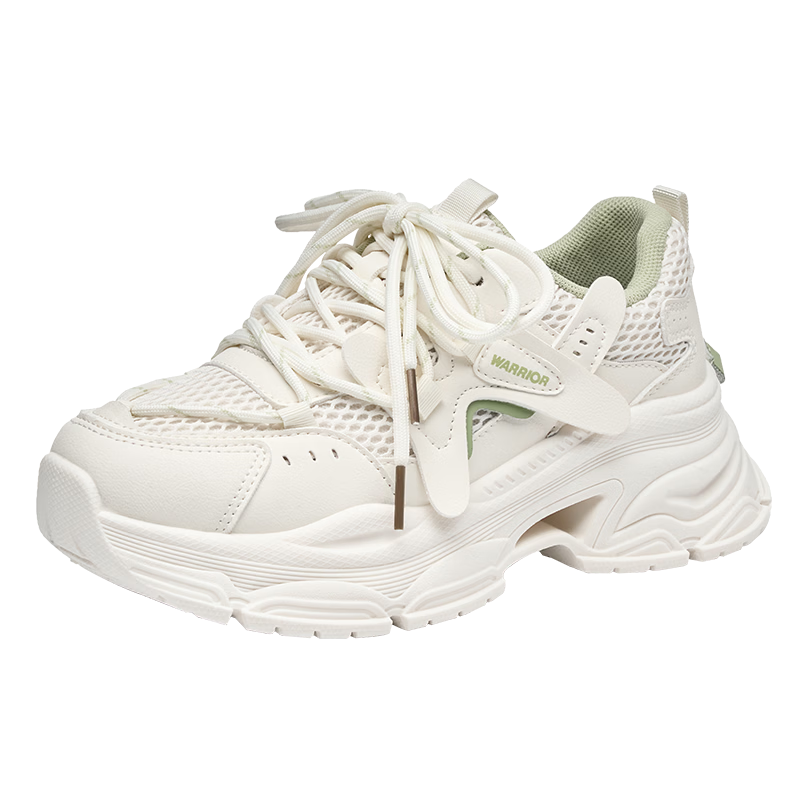 Warrior Official Women's Dad Sneakers 2026 Summer Breathable Mesh Shoes New Women's Sports Shoes Light Beige Green Size 40
