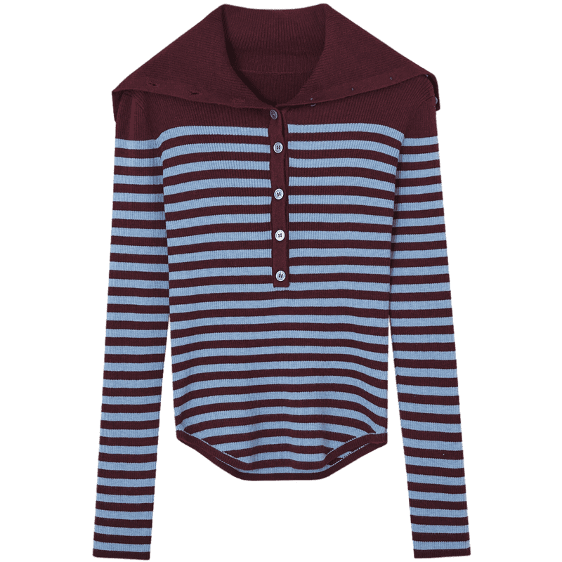 MT Striped Retro Color-Block Lapel Sweater Slim Fit Wool Blend Knit Top for Women Spring