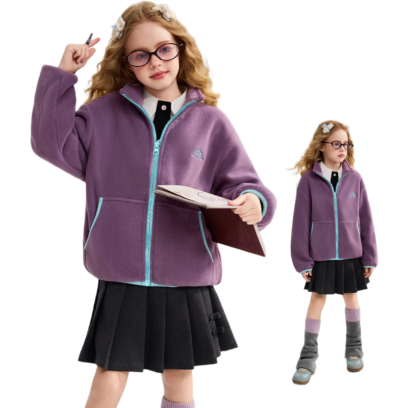 ASK JUNIOR Kids Jacket 2026 Spring Colorblock Lightweight Warm Stand Collar Windproof Fleece Jacket Boys Purple 160