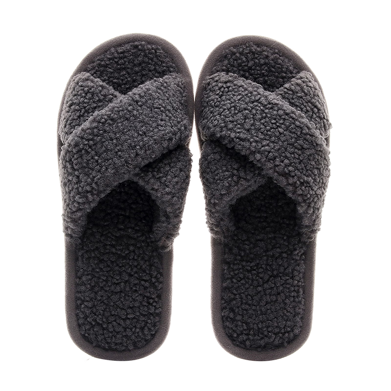 XGGC Cross Fuzzy Slippers Spring Autumn Indoor Couples Home Open Toe Ins Plush Cotton Slippers Black 38-39
