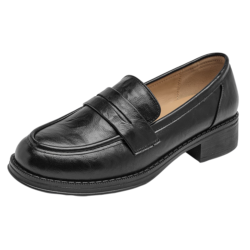 DAPHNE British Style Black Leather Shoes for Women, 2026 New Summer Thick Mid-Heel Loafers, Commuter Work Slip-On Flats