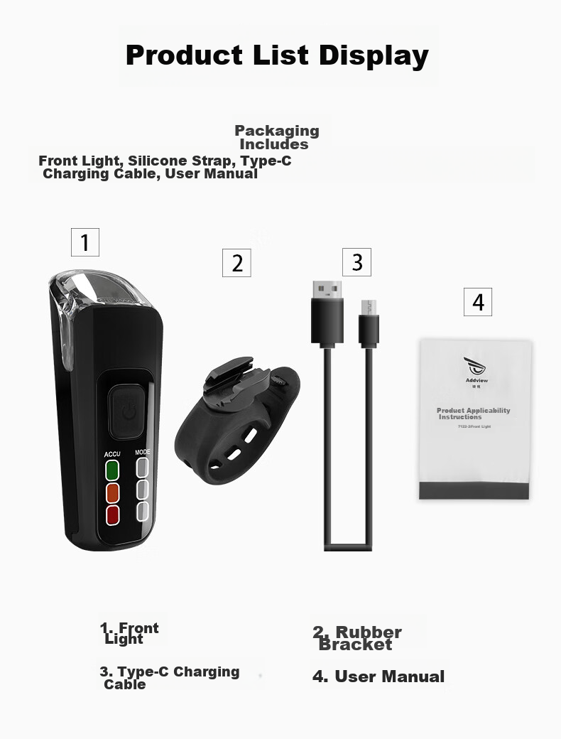 Addview Bicycle Light, Front Lamp, USB Rechargeable Flashlight, Mountain Bike Light, Cycling Equipment 14