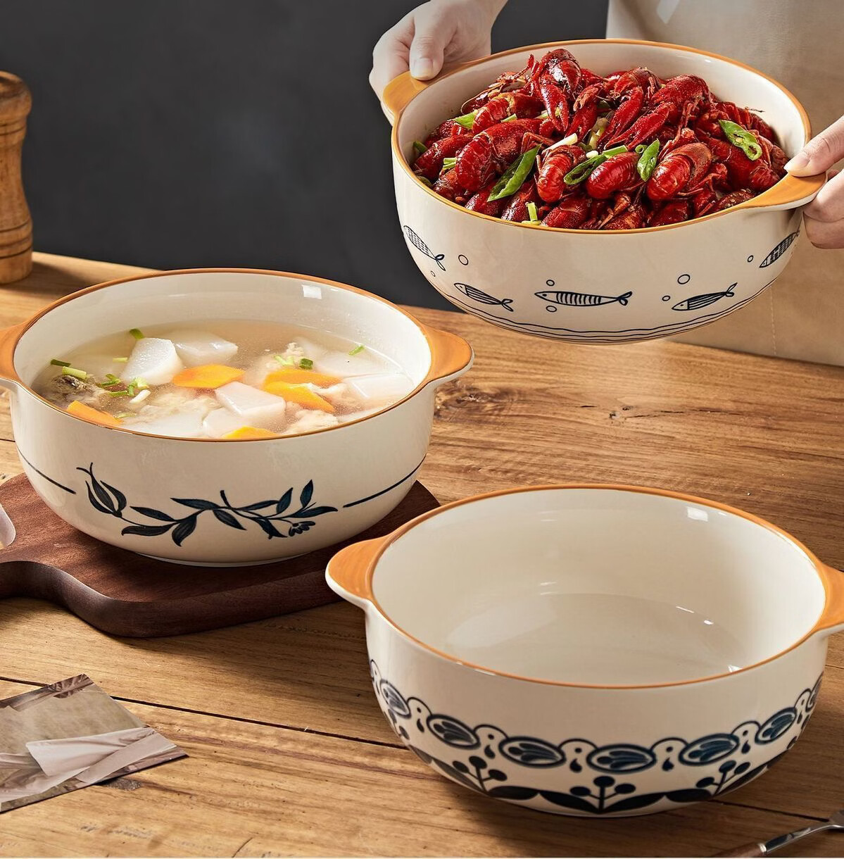 Chuanqi 7-Inch Double-Handle Lidded Ceramic Soup Bowl Large Capacity Household Soup Bowl Morning Glory Design 15
