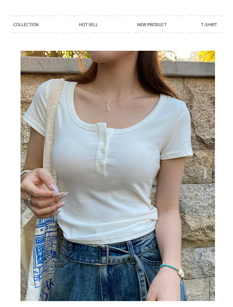 Ordifen 10A Antibacterial Women's Base Shirt 91% Cotton U-Neck Shoulder Short Sleeve T-Shirt Spring Summer Button Slim Fit Inner Wear Black XL 6