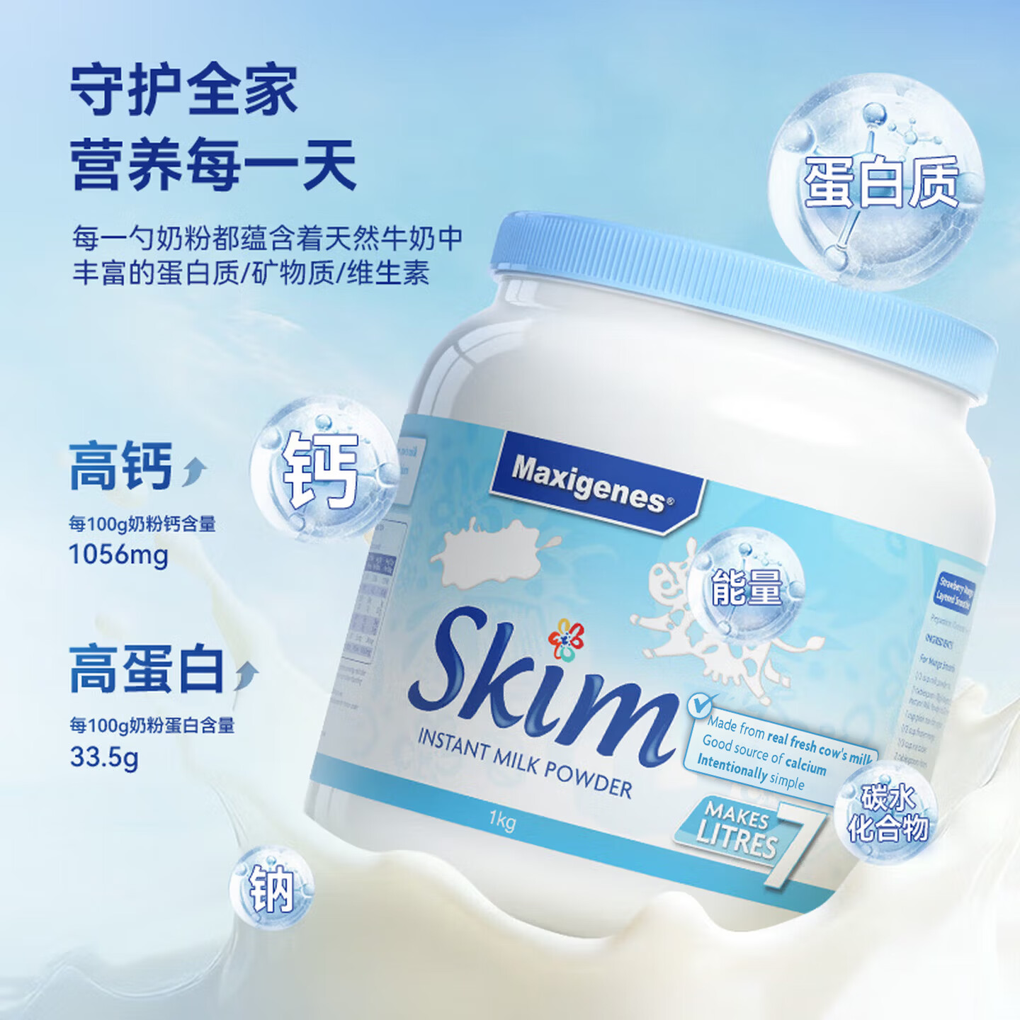 Maxigenes美可卓正品蓝胖子脱脂高钙牛奶粉儿童学生成人中老年新年送礼1kg