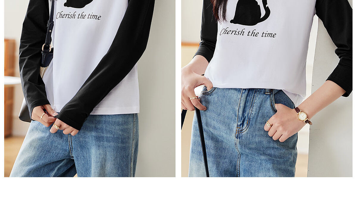 Pincai Women's Long Sleeve T-Shirt Cute Cat Print Colorblock Crew Neck Raglan Sleeve Trendy Top P143T2027 31