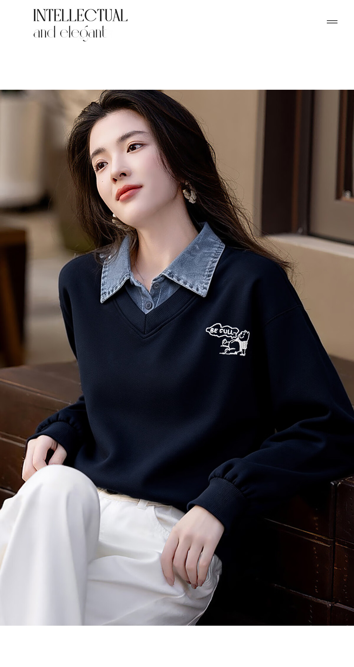 Chushen Spring Autumn Women's Sweatshirt, Fake Two-Piece Splicing, Versatile Loose Fit Long Sleeve Top S61W100 14