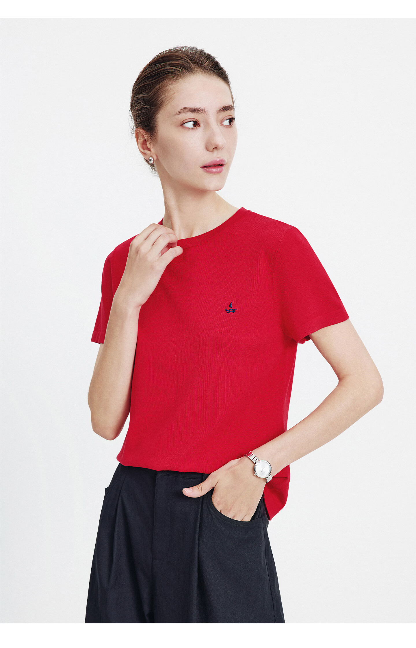 Navigare Small Sailboat Basic Short Sleeve T-Shirt Women 2026 New Round Neck Solid Color Knit Top 2325506507 59