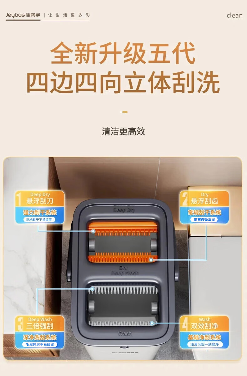 Jiabangshou 33cm Flat Mop with 2 Cloths 2025 New Scraper Home Wash and Scrape All-in-One Hands-Free Cleaning Tool 3