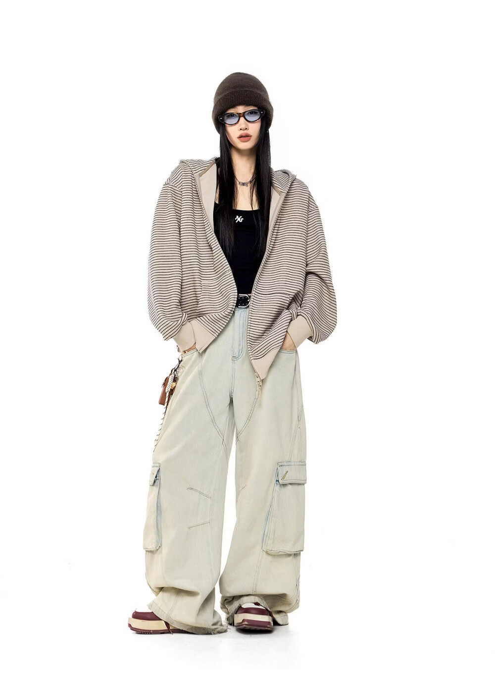 ICH MODE Celebrity Style Striped Hoodie Cardigan Sweatshirt for Women Spring Autumn New Sports Jacket Black M 25