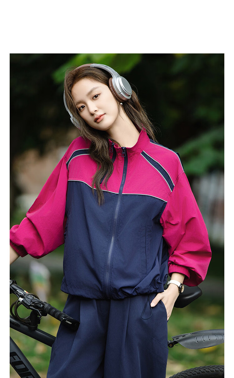 Demana [Urban Light Travel] Spring Outdoor Sports Stand Collar Elastic Cuff Color-Block Trim Loose Fit Petite Women's Jacket 10