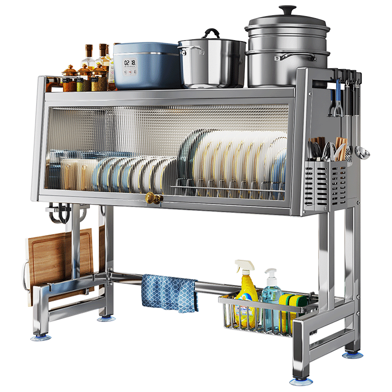 Shuaishi Kitchen Storage Rack, Stainless Steel Sink Shelf, Dish Organizer, Basin Drainer, with Cabinet Doors, 95cm Long