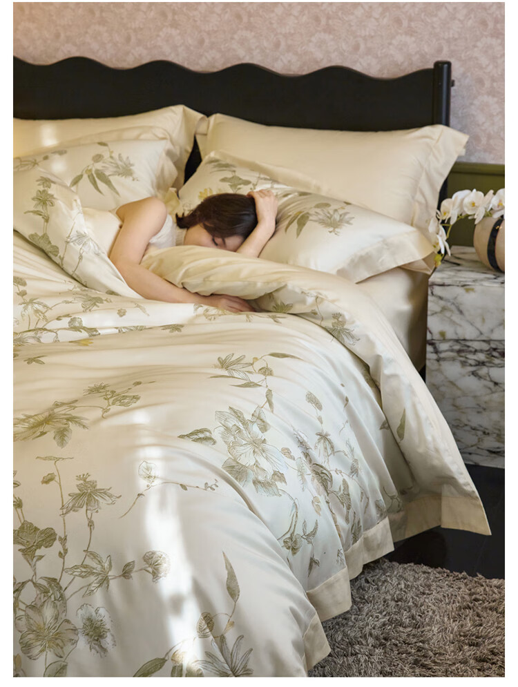 Dohia Home Textiles Pure Cotton 4-Piece Bedding Set 60-Count Cotton Sateen French Style Sheet and Duvet Cover Set 220x240cm with Piped Edges 4