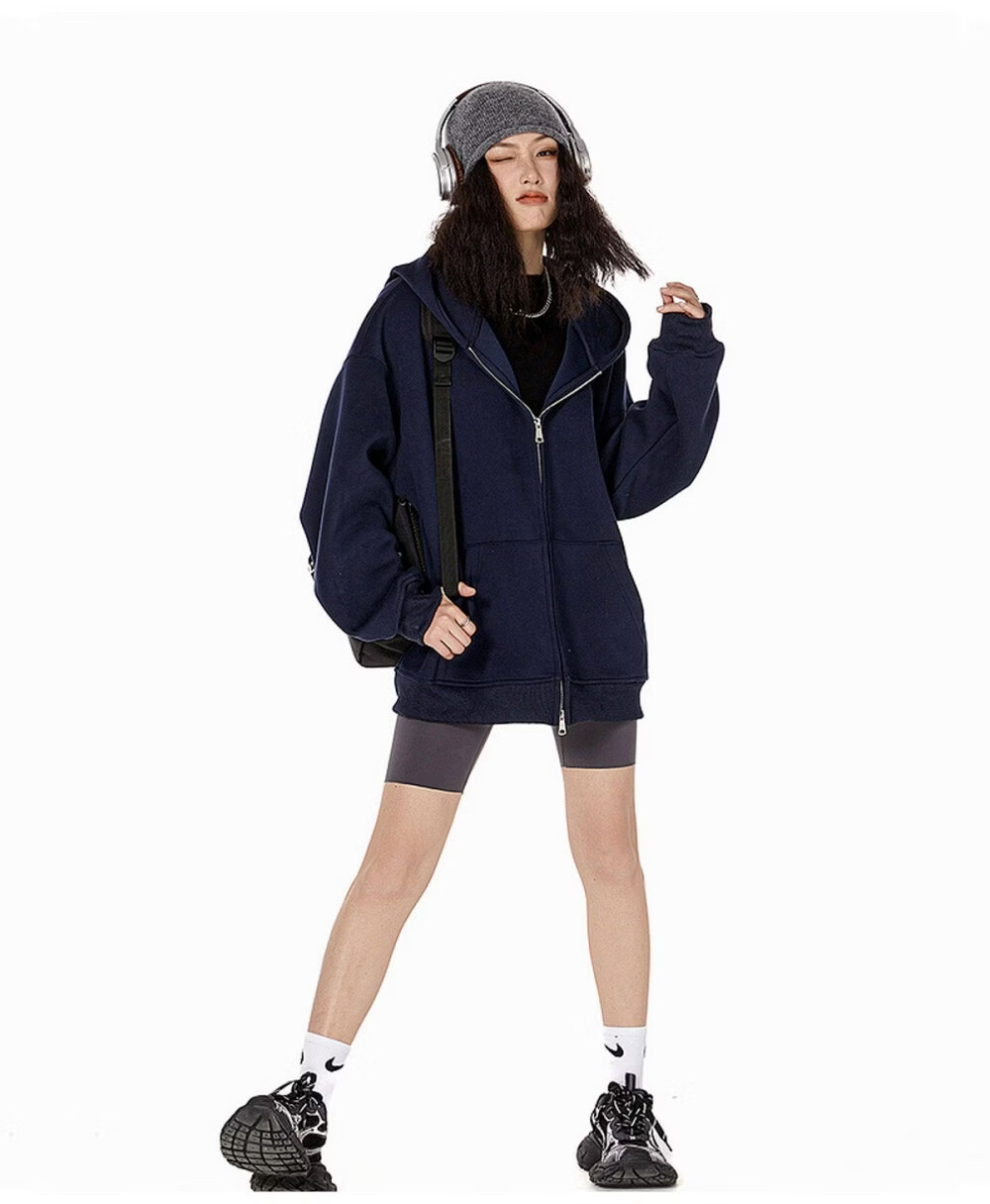 ICH MODE Women's American Style Hoodie Jacket 2026 Spring Autumn New Loose Fit Zip-up Lazy Long Sleeve Top Black S 34