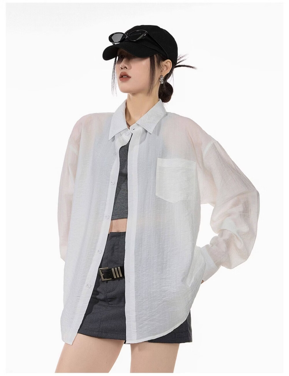 ICH MODE American Style White Shirt Women Summer Loose Physical Sun Protection Shirt Jacket Long Sleeve Top Blue XL 12