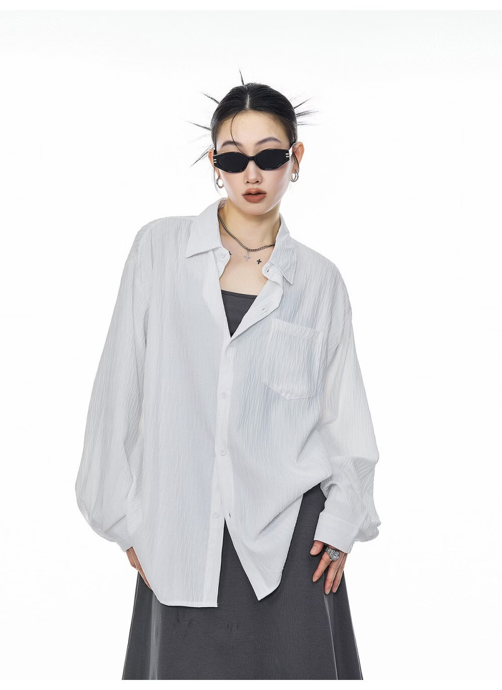 ICH MODE American Texture Physical Sunscreen Long Sleeve Shirt Women 2026 New Summer Premium Shirt Light Blue S 28