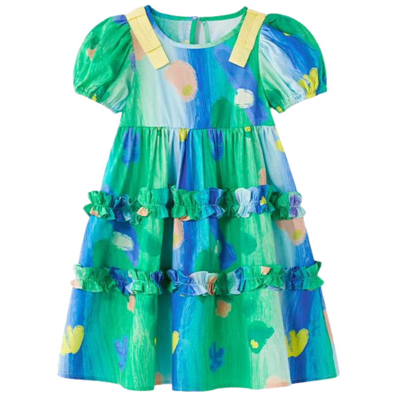 ASK JUNIOR Pure Cotton Girls' Dress, Summer Thin Style, Children's Tie-Dye All-Over Print Indian Princess Dress, Size 160