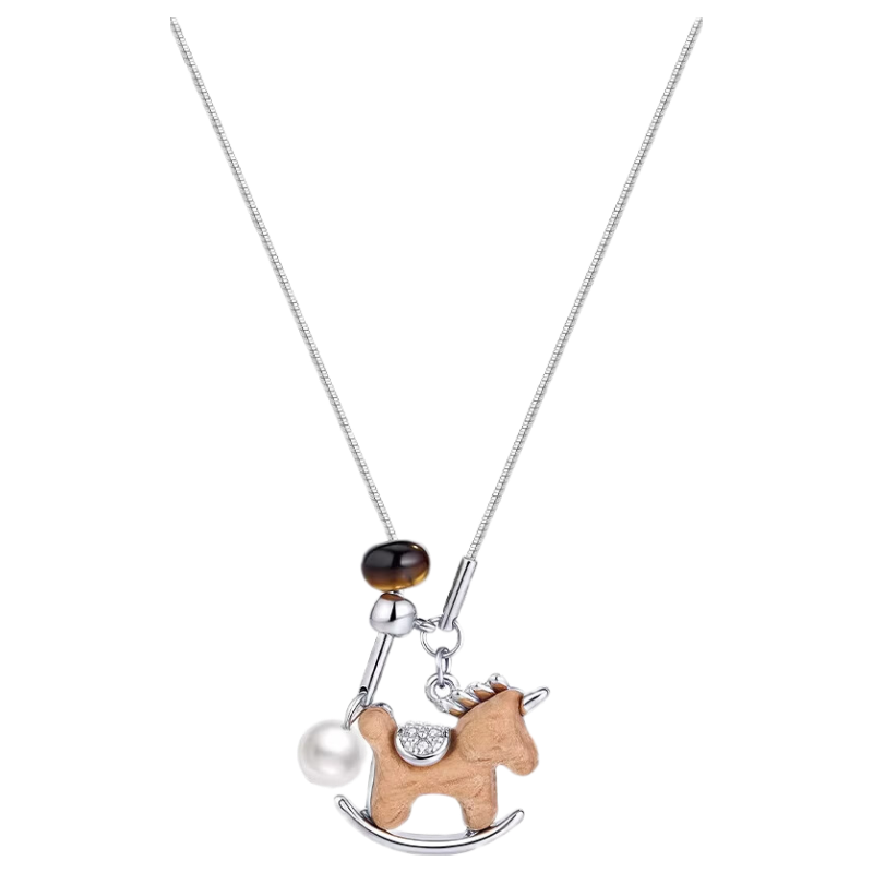 Aji Bean Women's Necklace Zodiac Horse Wooden Adjustable Long Chain Clavicle Sweater Chain for Birth Year