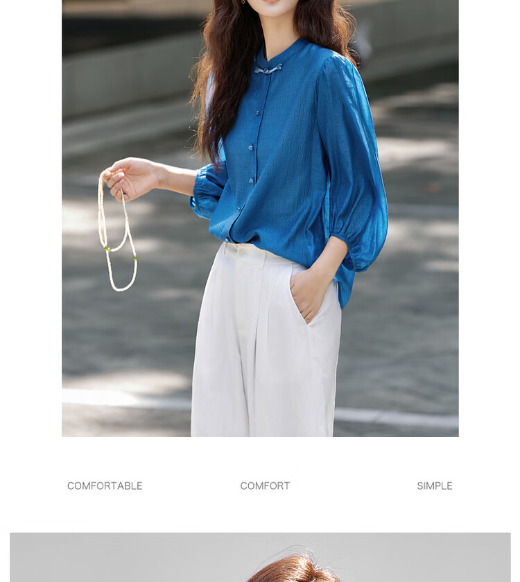 Vimly New Chinese Style National Wind Pleated Round Neck Shirt Women New Flowing Shoulder Jacket Top Peacock Blue XL 13