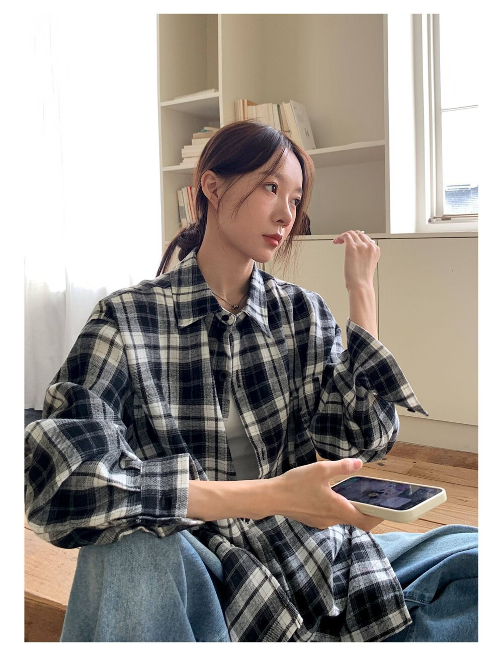 ICH MODE "Jeju Island Breeze" Brushed Plaid Shirt Jacket Women Vintage Check Long Sleeve Korean Style Shirt Blue L 12