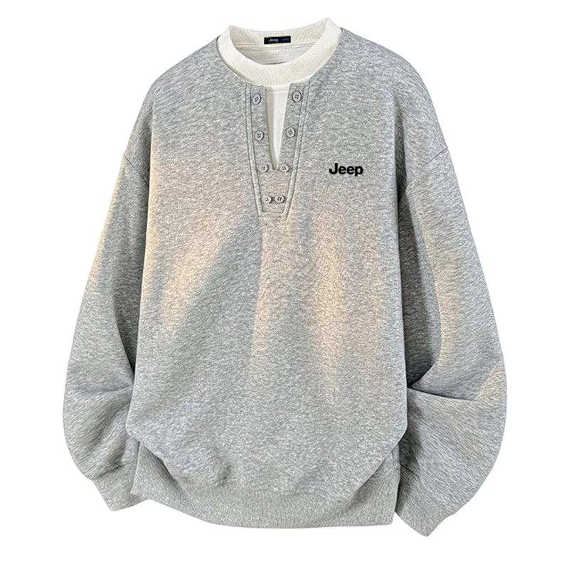 JEEP Men's Spring Autumn Crew Neck Long Sleeve T-Shirt Fake Two-Piece Casual Versatile Light Gray L