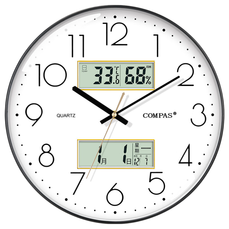 Compas Living Room Clock Perpetual Calendar Bedroom Quartz Wall Clock Calendar Hanging Clock C3219-2 Piano Black 35cm