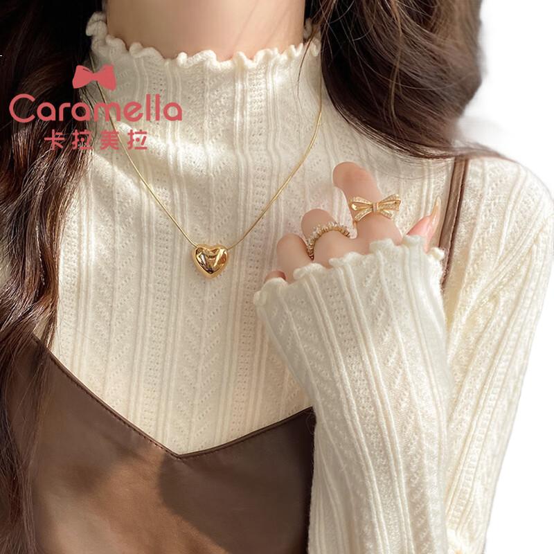 Caramella Women's 38 Goddess Festival Gift Semi-Turtleneck Ruffled Jacquard Long-Sleeve T-Shirt Spring Autumn