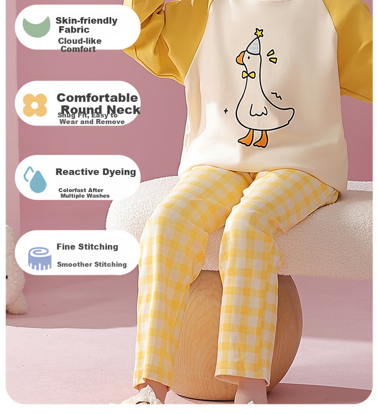 Bingxue Mian Children's Pajamas Girls Pure Cotton Crew Neck Spring Autumn Homewear Set Long Sleeve Long Pants Outerwear Two-Piece Set for Older Kids 14