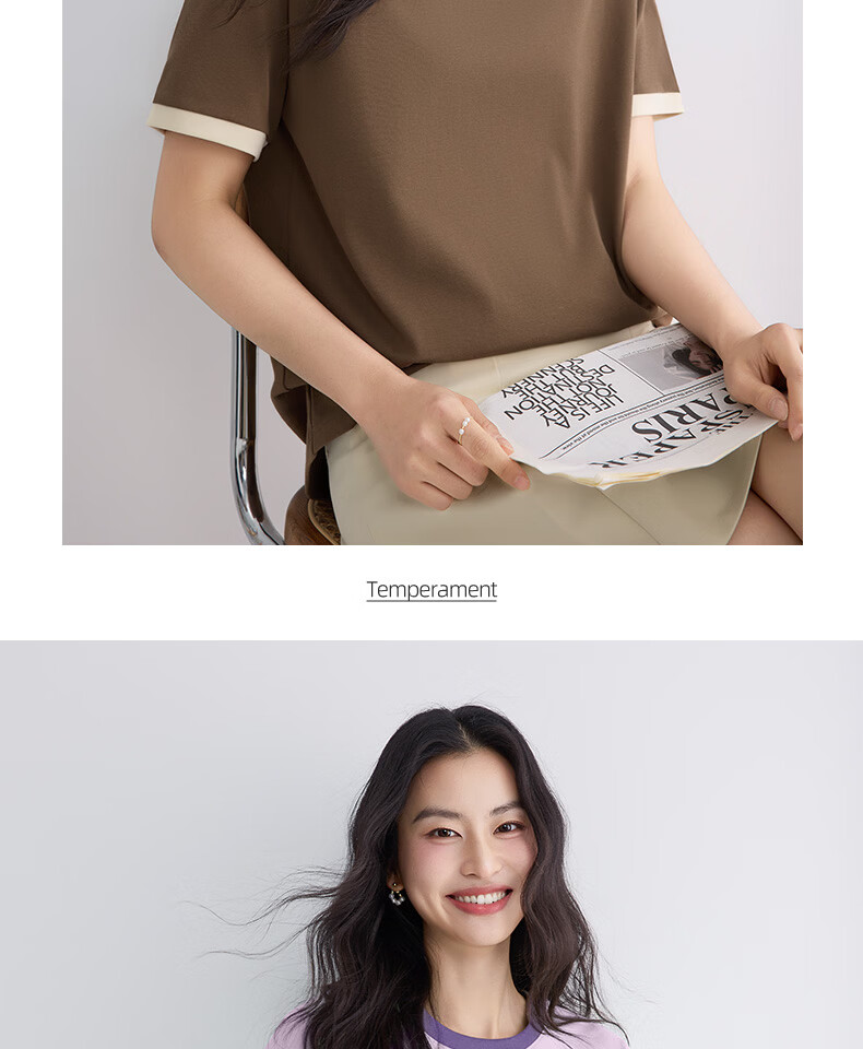 Urban Beauty Pure Cotton Short Sleeve Women's T-Shirt Summer 2026 New Plus Size Slimming Top Petite Color Block Casual Tee 12