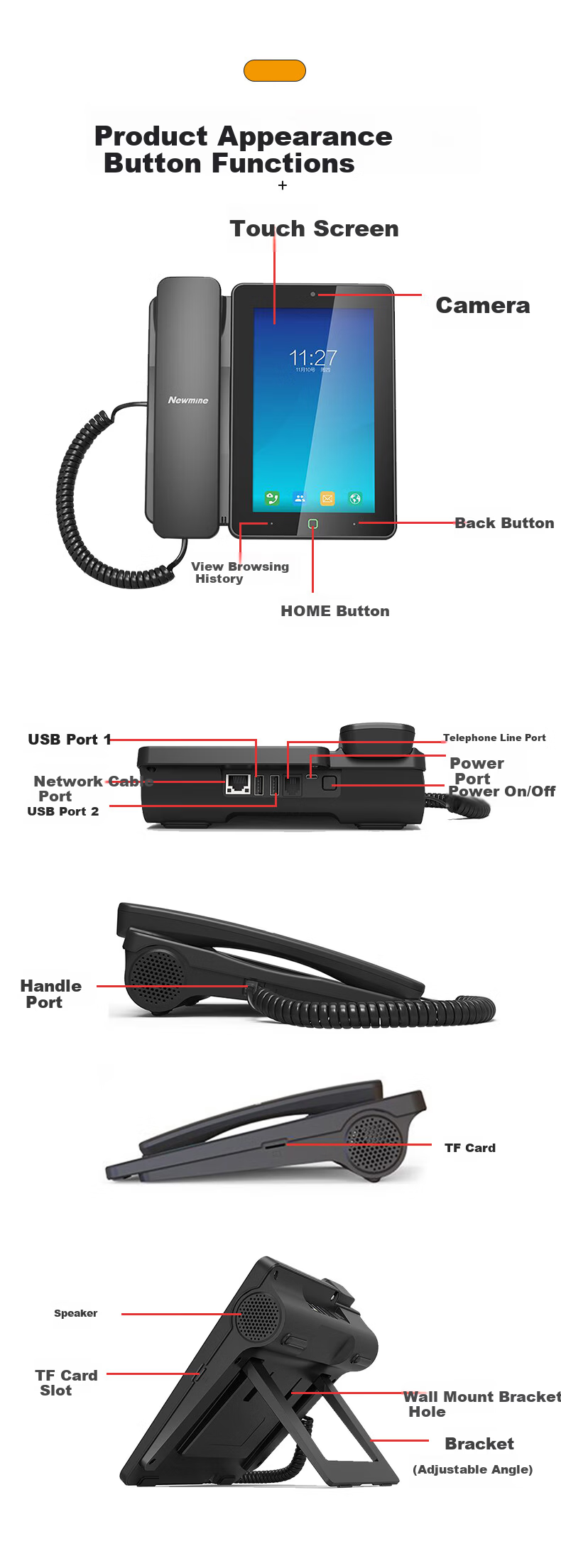 Newmine HL2008TSD-9084(R) IP Recording Phone Smart Video Phone with Blacklist/Contacts/Phone Line/Domestic System 9