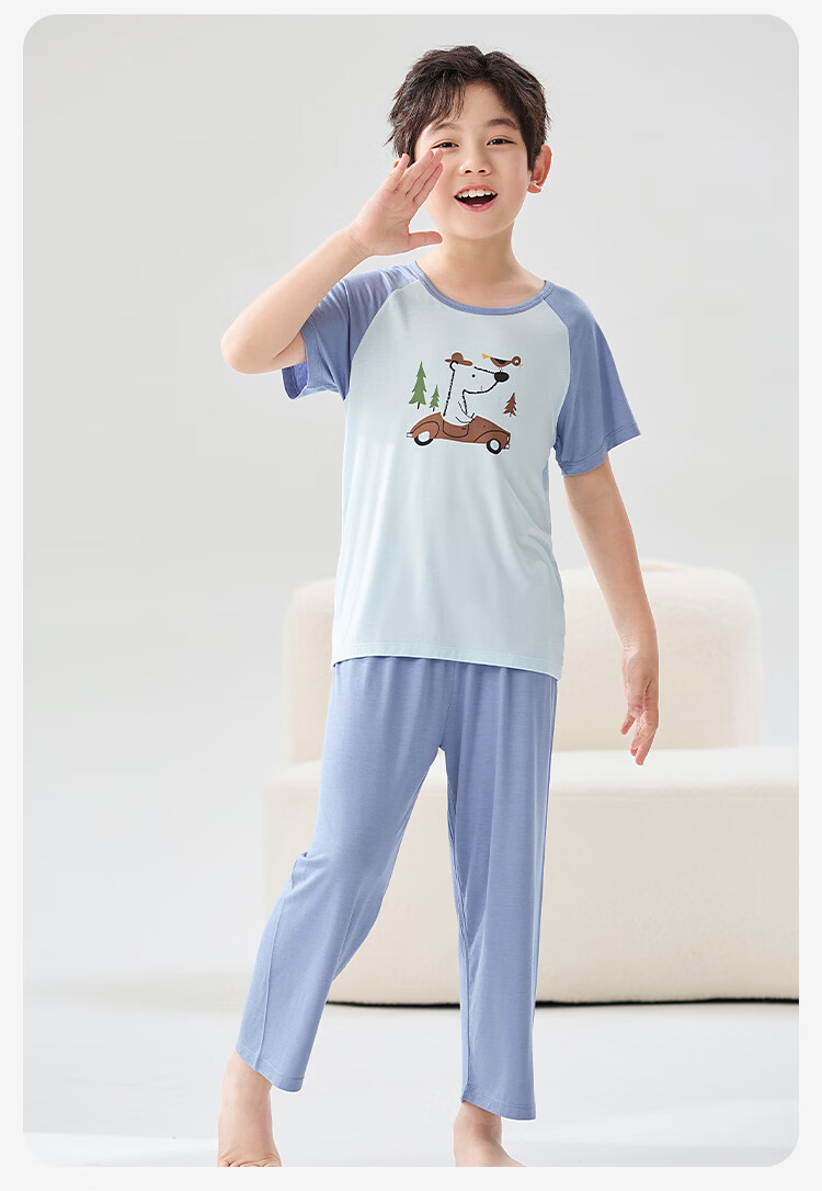 Urban Beauty Kids Boys' Summer Thin Short Sleeve and Long Pants Pajama Set for Older Children, Suitable for Home and Outdoor Wear 15