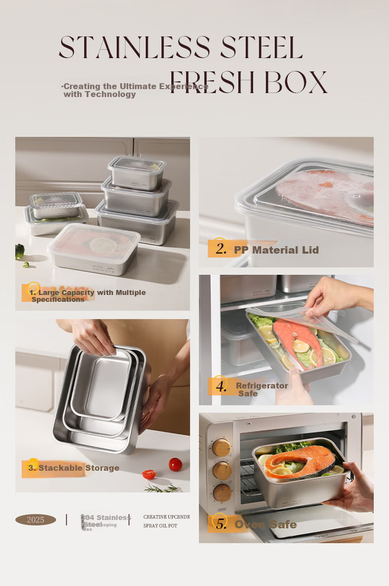 MAXCOOK 304 Stainless Steel Food Storage Containers with Lids, Lunch Boxes, Refrigerator Sealed Storage Boxes, 3-Piece Set MCFT4805 2