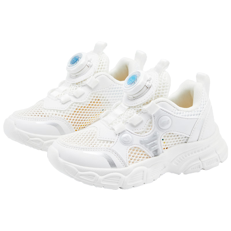 B.Duck Children's Sports Shoes for Boys And Girls, Student White Sneakers with Rotary Buckle, Breathable Mesh Running Shoes for Summer