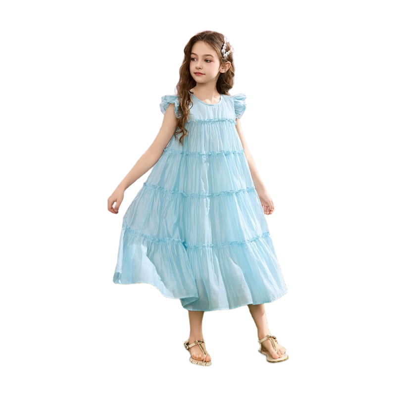 ASK JUNIOR Girls' Summer Dress, Lightweight Breathable Sleeveless Princess Dress, Flared Skirt, Children's Dress, Light Blue, Size 150