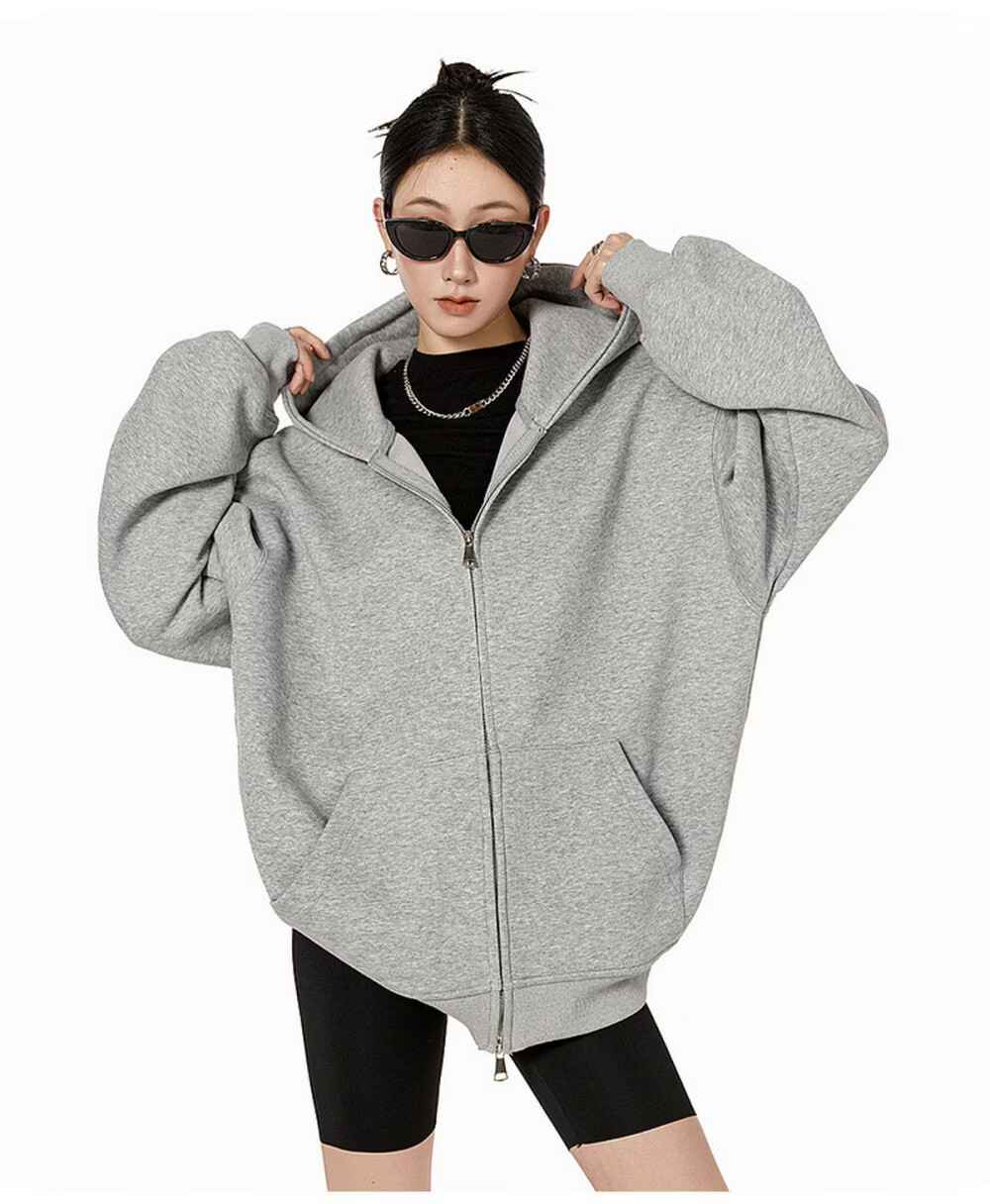 ICH MODE Women's American Style Hoodie Jacket 2026 Spring Autumn New Loose Fit Zip-up Lazy Long Sleeve Top Black S 12
