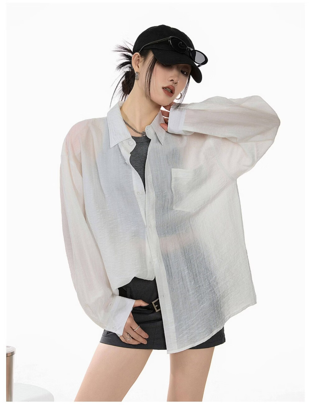 ICH MODE American Style White Shirt Women Summer Loose Physical Sun Protection Shirt Jacket Long Sleeve Top Blue XL 19