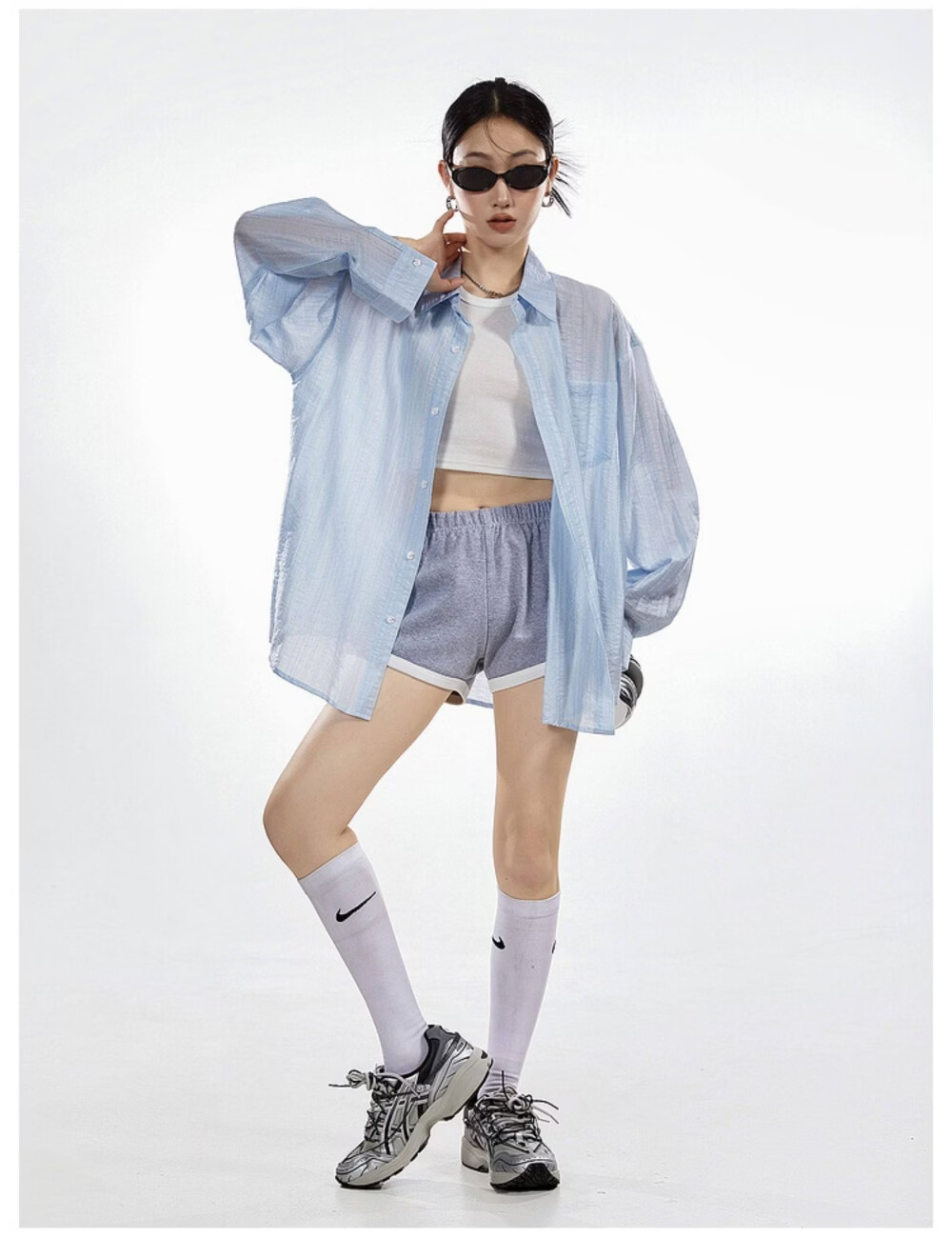 ICH MODE American Style White Shirt Women Summer Loose Physical Sun Protection Shirt Jacket Long Sleeve Top Blue XL 31