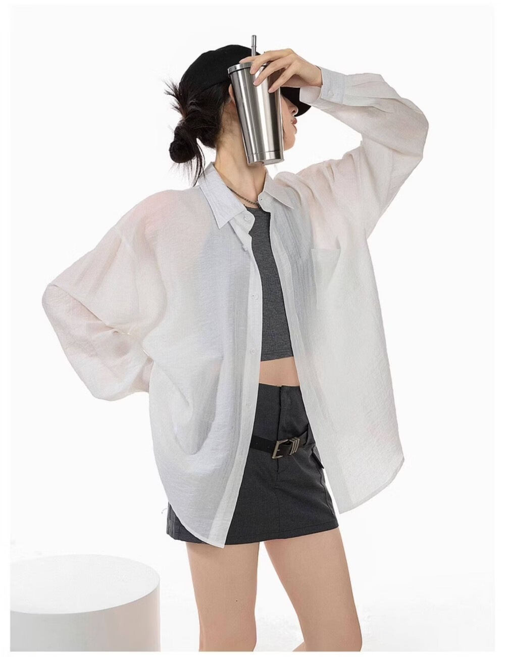 ICH MODE American Style White Shirt Women Summer Loose Physical Sun Protection Shirt Jacket Long Sleeve Top Blue XL 14