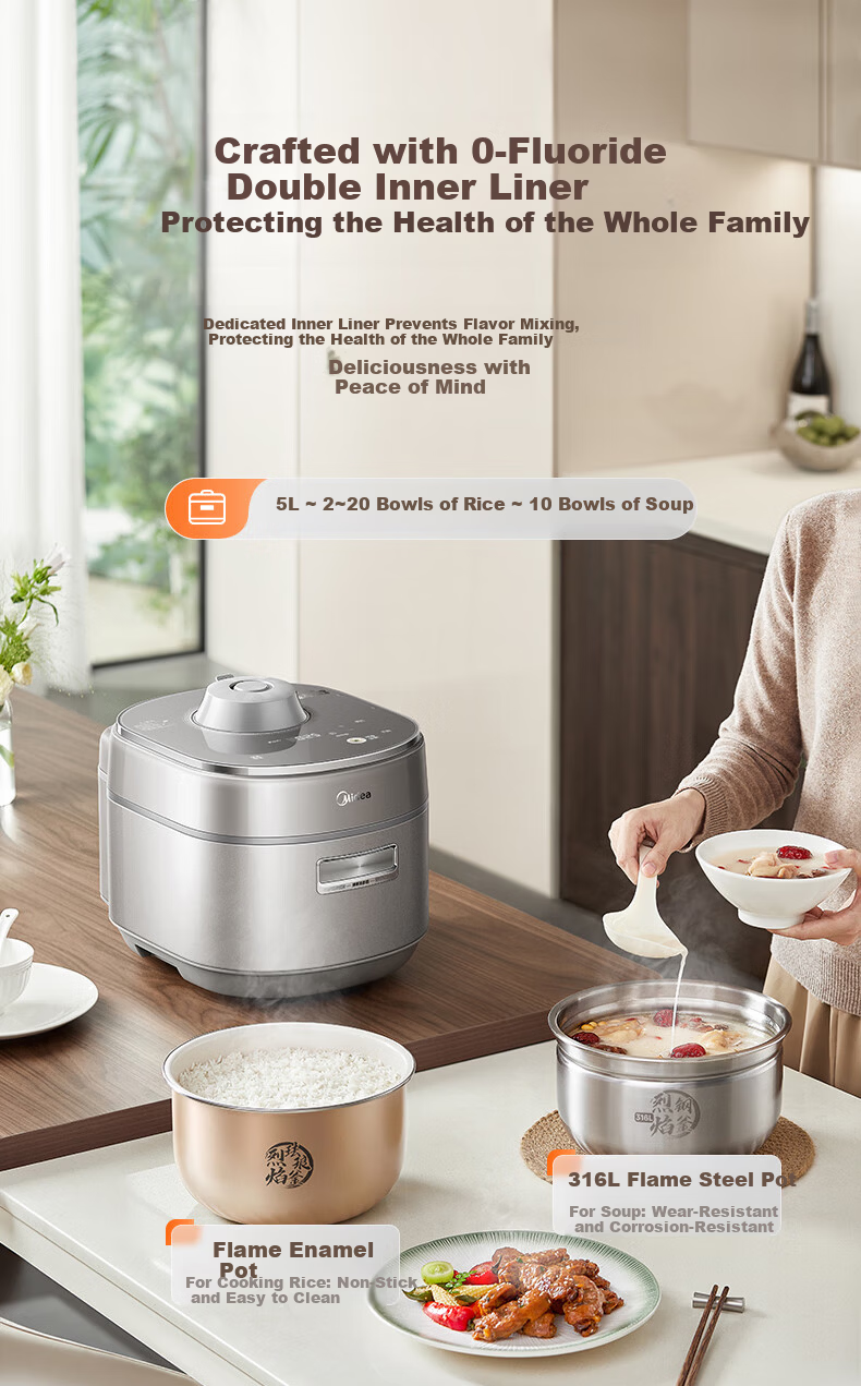 Midea 5L Electric Pressure Cooker Low-Fat Rich Flavor High-Pressure Pot 2200W Fast Tender High-Pressure Quick Cook 0 Fluorine Double Inner Pot Special Lid Opening Cooking 24H Reservation MY-S8 [ZMD Pe 10