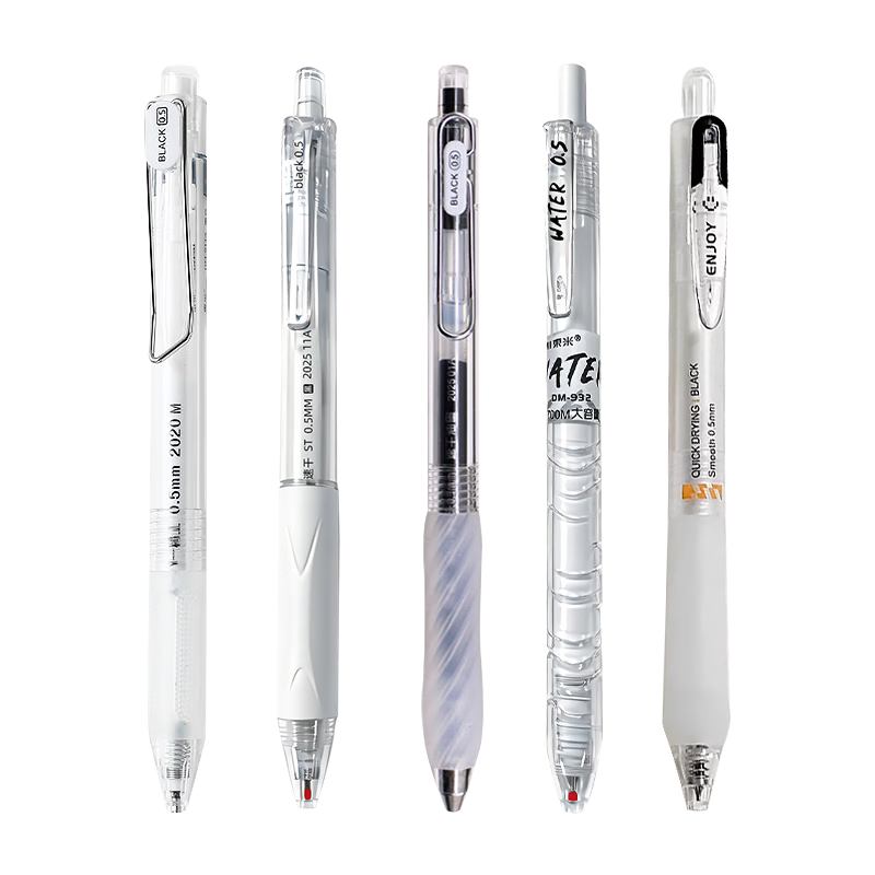 Dongmi High-Value Retractable 0.5mm Quick-Dry Smooth Gel Pen for Students Exam Black Signature Pen, 5 White Barrel Pens with 10 Refills