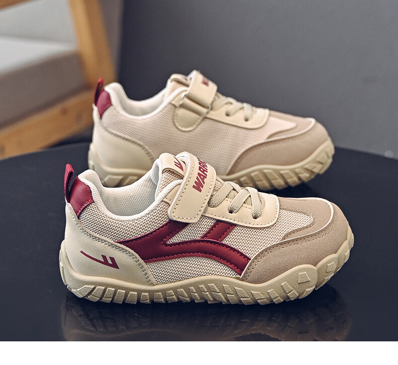 Warrior Kids Sports Shoes Children's Velcro Training Shoes Boys Lightweight Running Shoes WZ-2093 Dark Beige Wine Red Size 32 21