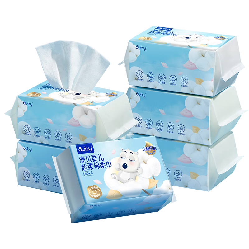 Auby Cotton Soft Wipes Baby Ultra Soft Cream Disposable Face Cleaning Wipes for Dry and Wet Use 100 Sheets * 6 Packs