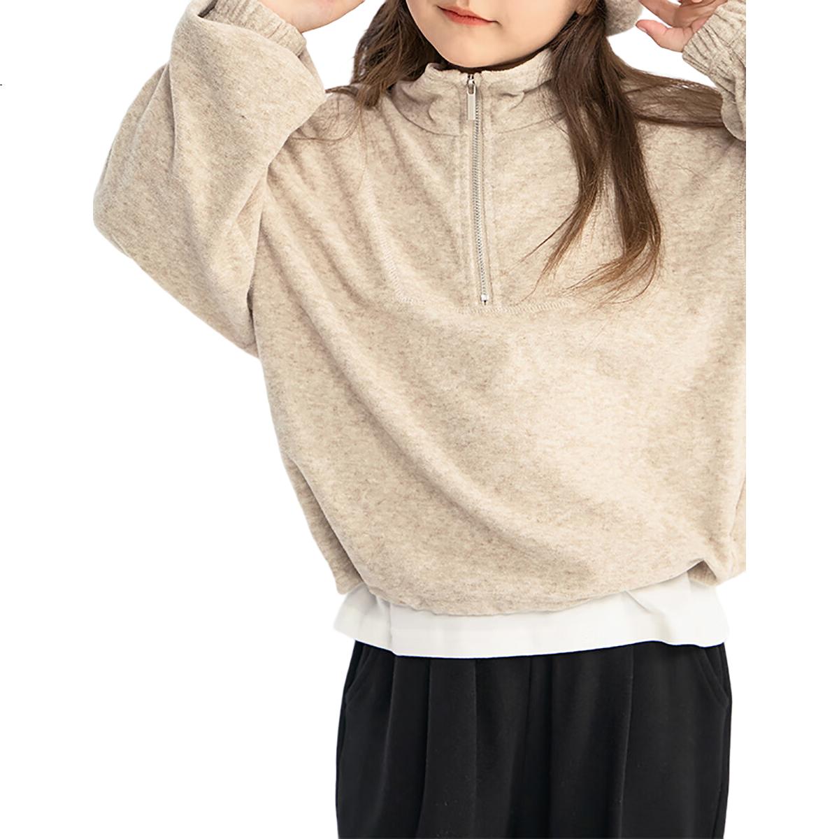Chenchenma Girls' Semi-Turtleneck Zip-Up Sweatshirt, 2026 Autumn New Style, Loose-Fitting Hem with Drawstring, Trendy Parent-Child Top
