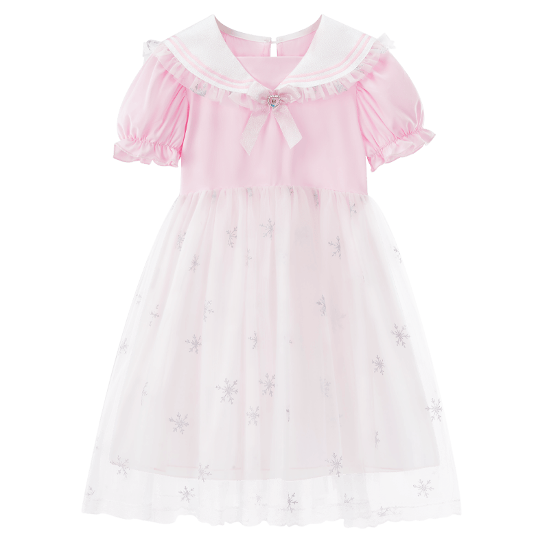 Disney Girls Dress Holiday Gift Summer Girl Dress Navy Collar Tulle Skirt Elsa Princess Dress Pink Size 110