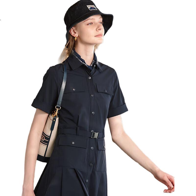 HAZZYS Women's Clothing, Summer Ladies PHIZ Lapel Workwear Style Dress, Navy Blue, XL