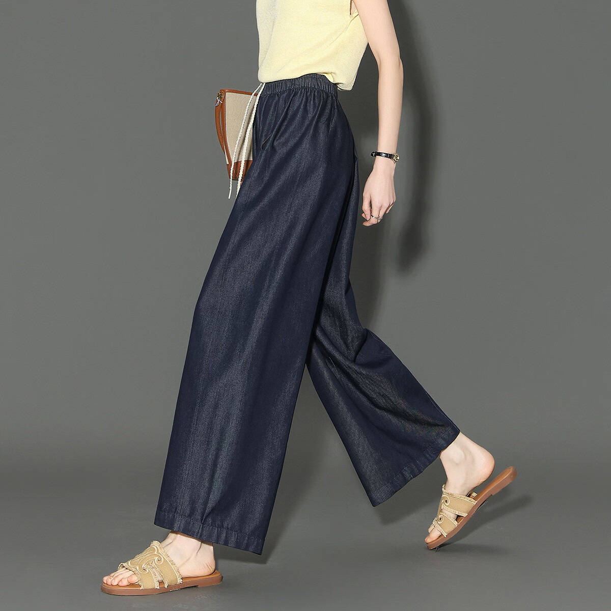 Demana [Lyocell Cotton Blend] Spring Relaxed Drawstring Elastic Waist Cropped Slim Wide-Leg Jeans for Women Premium