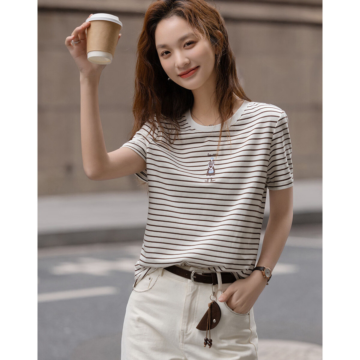 Demana [Cloud Soft Cotton Blend] Spring Retro Commuter Colorblock Crew Neck Striped Embroidered Short Sleeve Petite Women's T-Shirt