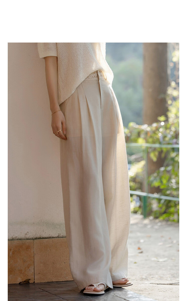Demana Breathable Linen Vintage High-Waist Lace-Trim Drawstring Petite Women's Wide-Leg Casual Pants Spring 10