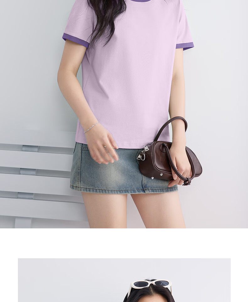 Urban Beauty Pure Cotton Short Sleeve Women's T-Shirt Summer 2026 New Plus Size Slimming Top Petite Color Block Casual Tee 13